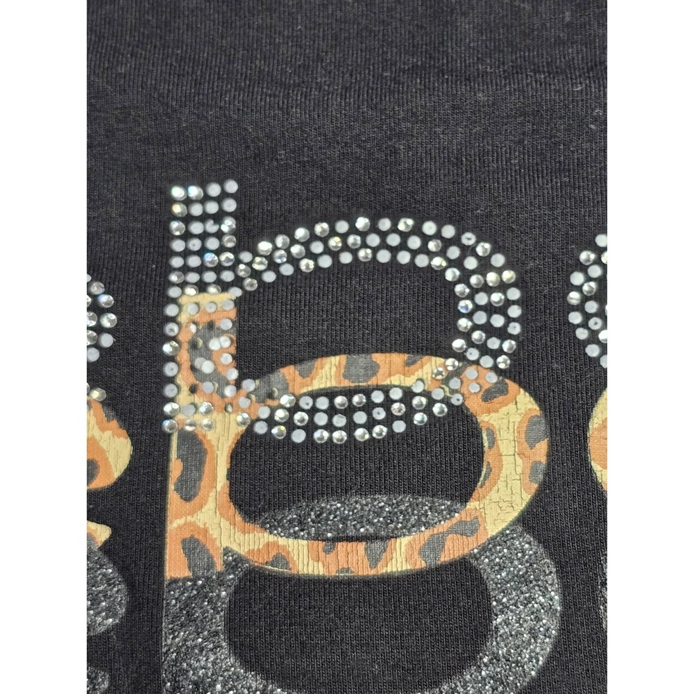 BEBE T Shirt Womens Black Short Sleeve Rhinestone Logo Animal Print SZ LG - Picture 5 of 9